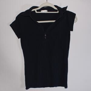 Love Love To Navy Blue Fitted Slight Button Up Polo Top